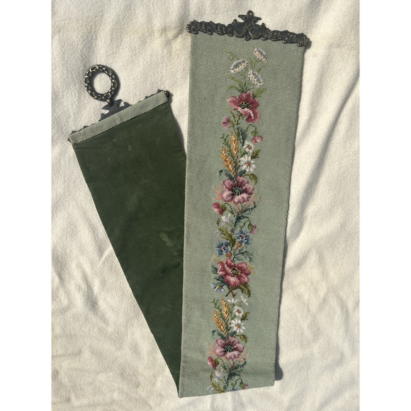 Tapestry Floral Wool Needlepoint Bell Pull Wall Hanging 66x9 Brass Hardware VTG - Picture 1 of 16